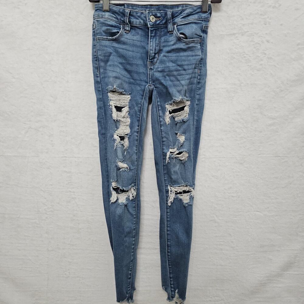 Womens American Eagle Jeans 0 Y2K Skinny Distressed 90s Grunge Festival Casual
